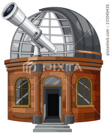 Cartoon Astronomical Observatory Building With Large Telescope Dome 135040438