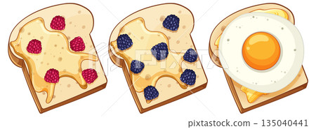 Three Slices of Toast with Fruit and Fried Egg 135040441