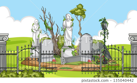 Overgrown Abandoned Cemetery with Weathered Angel Statues 135040442