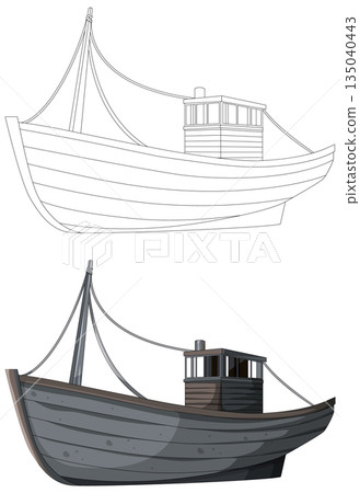 Wooden Fishing Boat Vector Line Art and Color Version Wooden Fishing Boat Vector Line Art and Color Version 135040443
