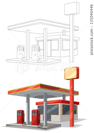 Vector Illustration of Modern Gas Station with Pumps 135040446