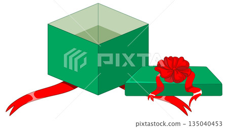Open Green Gift Box with Red Ribbon and Lid 135040453