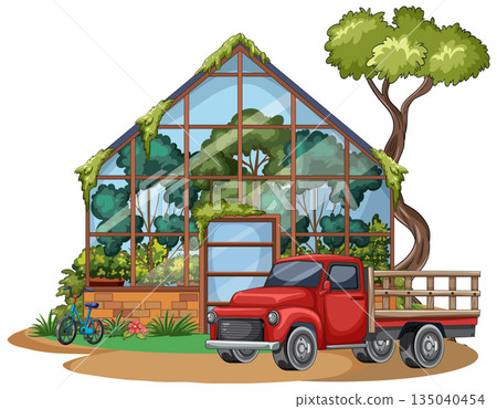 Red Farm Truck Parked Outside Glass Greenhouse with Tree 135040454
