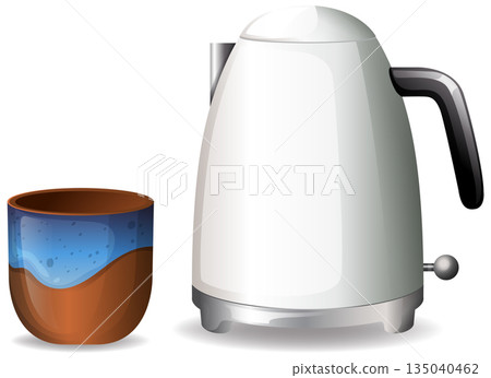 Electric Kettle and Ceramic Mug on White Background Electric Kettle and Ceramic Mug on White Background 135040462