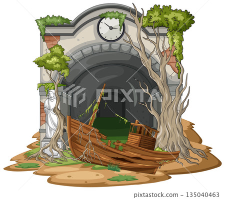 Abandoned Tunnel Entrance With Shipwreck and Overgrown Trees 135040463
