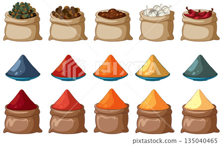 Assorted Middle Eastern Spices in Sacks and Piles Illustration Assorted Middle Eastern Spices in Sacks and Piles Illustration 135040465