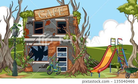 Abandoned Cafe and Overgrown Playground in Nature 135040466