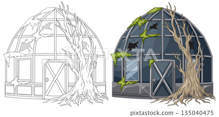 Abandoned Dome Greenhouse Overgrown With Dead Tree Roots 135040475