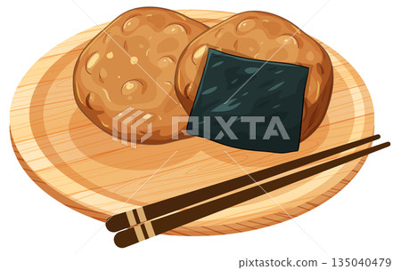 Japanese Rice Crackers with Seaweed on Wooden Plate 135040479