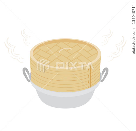 Illustration of a bamboo steamer placed on a pot for steaming Illustration of a bamboo steamer placed on a pot for steaming 135040714