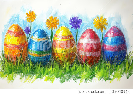 Colorful Easter eggs with flowers ready for spring celebration 135040944