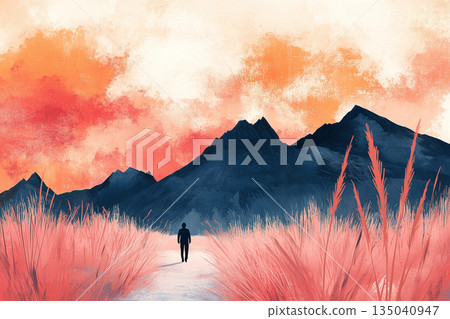 Man walking on path towards mountains at sunset in pink grass field 135040947