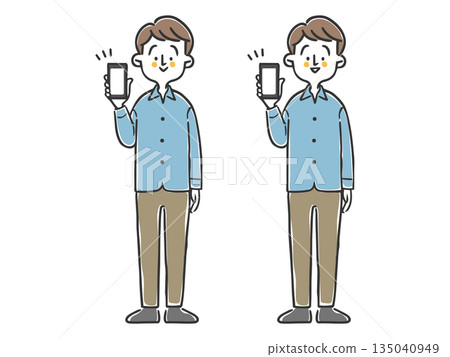 男子展示智慧型手機螢幕，全身像，向量圖 135040949