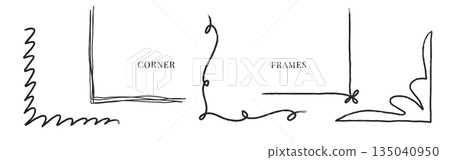 Hand Drawn Decorative Corner Frame Elements with Loose Organic Sketch Lines 135040950