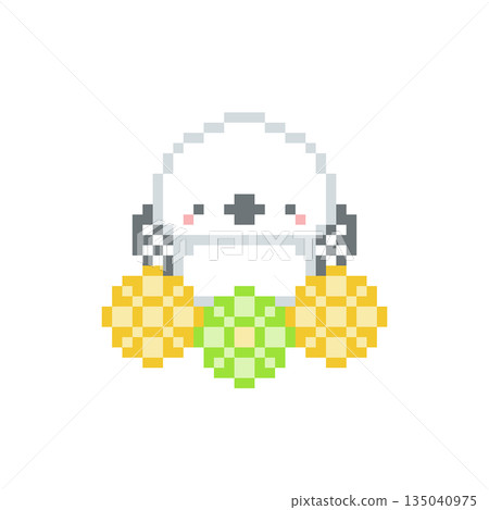 Pixel art of a long-tailed tit cheering with yellow and yellow-green flowers 135040975