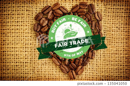 flat design heart-shaped coffee beans being displayed on burlap, featuring green fair trade emblem 135041050