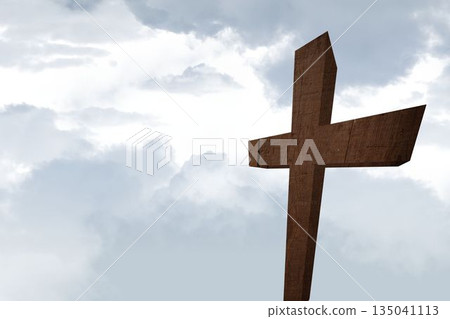 Flat design illustration is showing weathered wood-grain cross standing against cloudy sky Flat design illustration is showing weathered wood-grain cross standing against cloudy sky 135041113