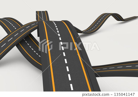 Showing twisting asphalt roads with yellow edges, white dashed centers on white backdrop, 3D render Showing twisting asphalt roads with yellow edges, white dashed centers on white backdrop, 3D render 135041147