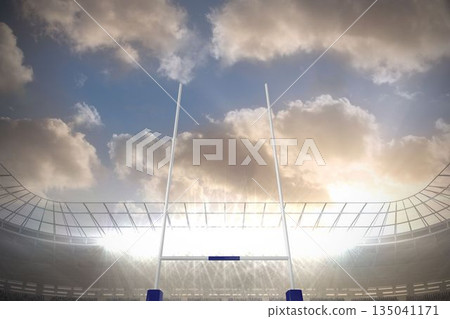 Goalpost is standing center of flat vector stadium field, arched roof and floodlights are glowing 135041171
