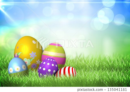 Colourful easter eggs on the grass Colourful easter eggs on the grass 135041181