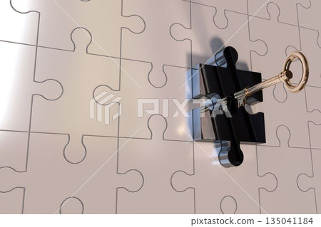 Black puzzle piece lock is holding golden key within 3D render of interlocking beige puzzle pieces Black puzzle piece lock is holding golden key within 3D render of interlocking beige puzzle pieces 135041184