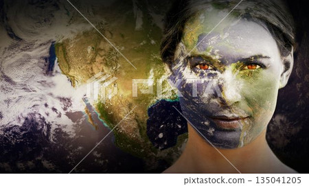 Woman's face is blending with satellite Earth view in flat digital cosmic space design 135041205