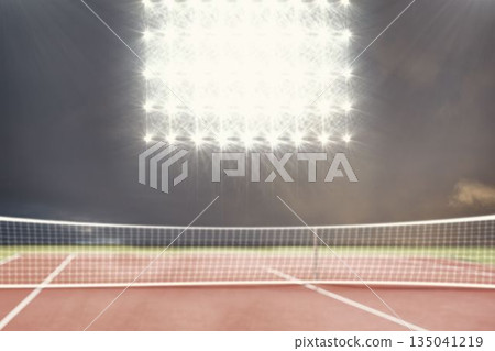 Digitally generated image of tennis court and spotlight Digitally generated image of tennis court and spotlight 135041219