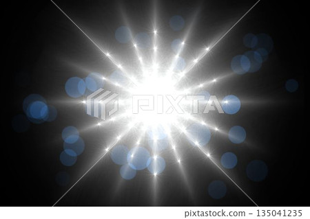 Central white light burst is radiating beams on flat design dark background with blue bokeh circles 135041235