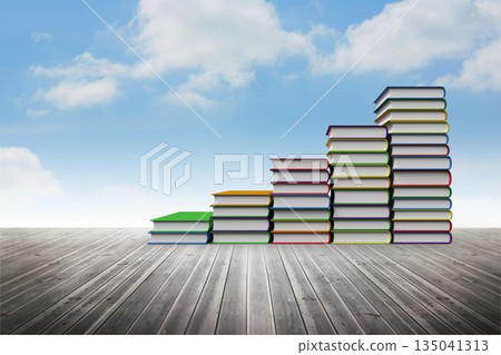 Stacks of colorful hardcover books are standing on wooden deck under partly cloudy sky, flat design Stacks of colorful hardcover books are standing on wooden deck under partly cloudy sky, flat design 135041313