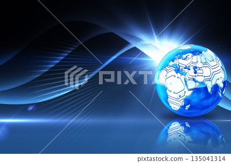 Stylized globe is glowing in futuristic tech scene, with circuitry, reflective floor and lens flare Stylized globe is glowing in futuristic tech scene, with circuitry, reflective floor and lens flare 135041314