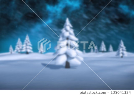 Central pine tree is standing in flat design clearing with snow-covered ground under aurora sky 135041324