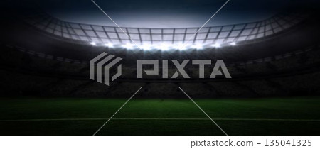 Flat design illustration is showing night stadium with lit floodlights, green field and empty seats 135041325