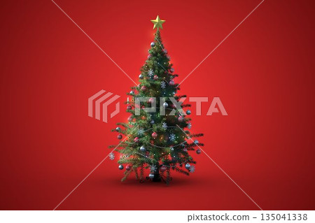 Decorated evergreen tree is standing on red background in flat design, with gold star and baubles Decorated evergreen tree is standing on red background in flat design, with gold star and baubles 135041338