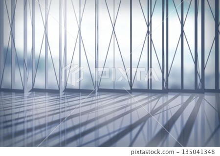 Flat design is showing slender metal beams on glass panels in lobby with glossy reflective floor 135041348