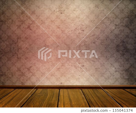 Empty room is showcasing wooden floorboards and damask patterned wall in flat design, copy space Empty room is showcasing wooden floorboards and damask patterned wall in flat design, copy space 135041374