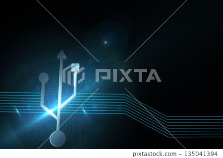 Glowing USB connector icon is shining in abstract digital graphic with blue circuit traces Glowing USB connector icon is shining in abstract digital graphic with blue circuit traces 135041394