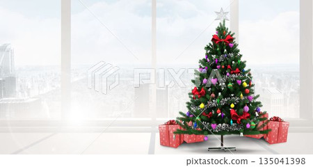 Flat design Christmas tree is standing on pale floor before city skyline windows with red gifts 135041398