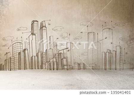 Hand-drawn pencil sketch is showing skyscraper outlines with arrows and cloud shapes on parchment 135041401