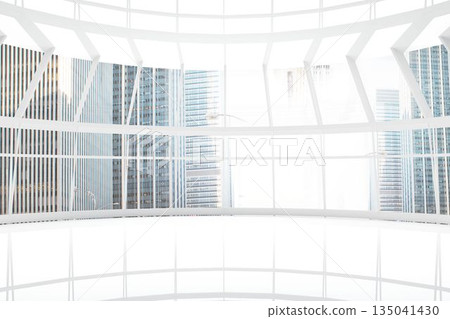 Vaulted white atrium is showcasing curved grid beams and windows with shiny floor in flat design Vaulted white atrium is showcasing curved grid beams and windows with shiny floor in flat design 135041430