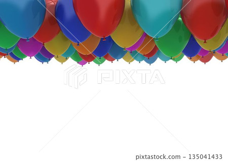Flat design cluster of multicolored latex balloons is floating over white background, copy space Flat design cluster of multicolored latex balloons is floating over white background, copy space 135041433