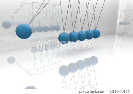 Newton's cradle is swinging in 3D render with glossy blue spheres on frame over mirror floor Newton's cradle is swinging in 3D render with glossy blue spheres on frame over mirror floor 135041435