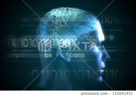 Brain interface in blue with binary code 135041452