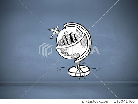 Illustration globe and airplane against gray wall 135041466