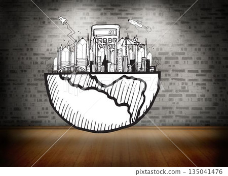 Halved world graphic in empty grey room Halved world graphic in empty grey room 135041476