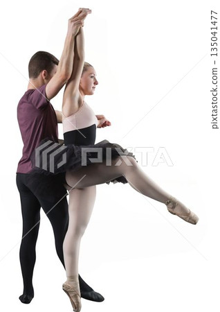 Dance partners are practicing arabesque in flat design on white backdrop, tutu and pointe shoes Dance partners are practicing arabesque in flat design on white backdrop, tutu and pointe shoes 135041477