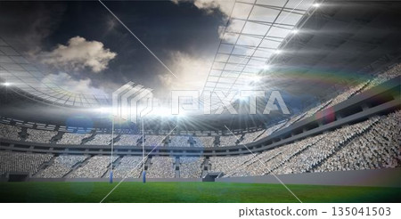 Flat illustration is showing rugby goalposts on pitch under arched roof with floodlights, stands Flat illustration is showing rugby goalposts on pitch under arched roof with floodlights, stands 135041503