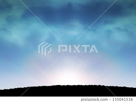Bright sunrise with radiating beams is glowing in flat style, featuring jagged ridge silhouette 135041516