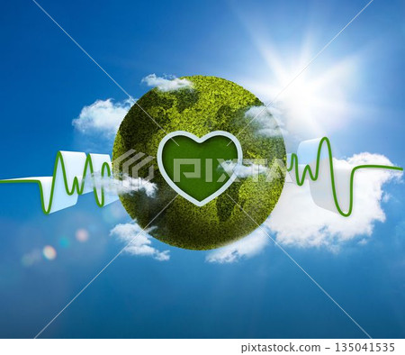 Green earth with ecg line in sky Green earth with ecg line in sky 135041535