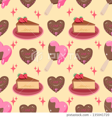 Valentine's Day seamless pattern with heart-shaped chocolate cake and ice cream popsicles. Valentine's Day seamless pattern with heart-shaped chocolate cake and ice cream popsicles. 135041720