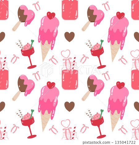 Valentine seamless pattern with pink ice cream cones, ice cream sundaes, and cute drinking glasses Valentine seamless pattern with pink ice cream cones, ice cream sundaes, and cute drinking glasses 135041722